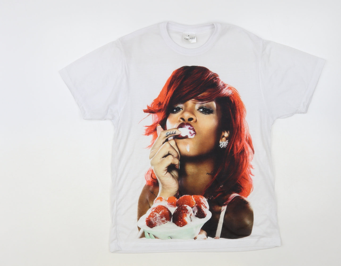 Valento Womens White Polyester Basic T-Shirt Size S Crew Neck - Rihanna