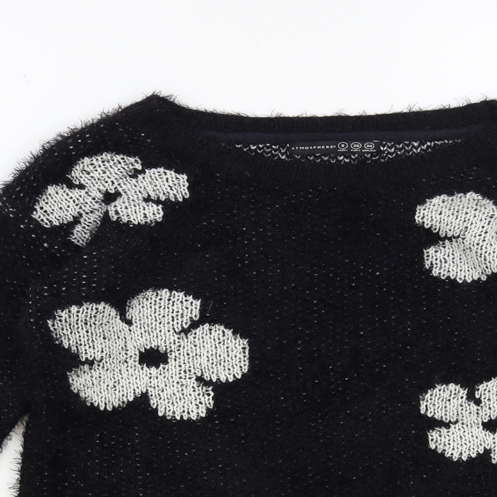 Atmosphere Womens Black Boat Neck Floral Acrylic Pullover Jumper Size 8