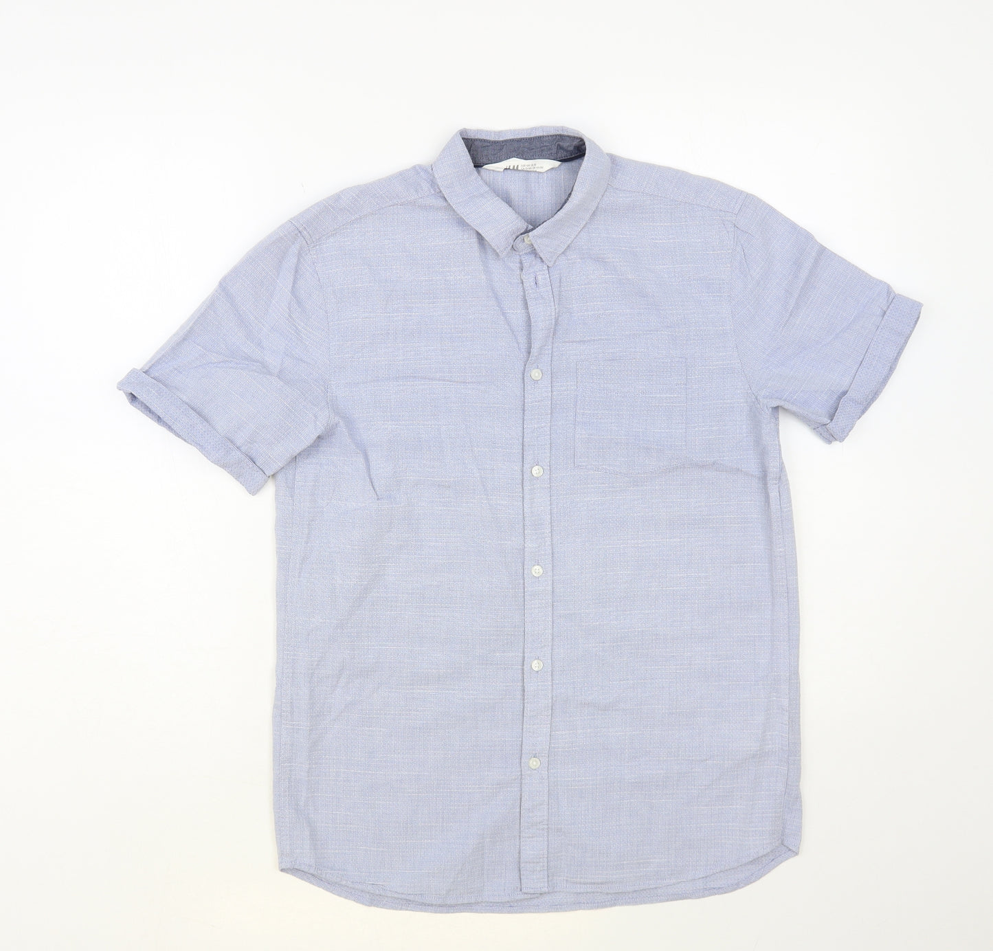 H&M Boys Blue Cotton Basic Button-Up Size 13-14 Years Collared Button