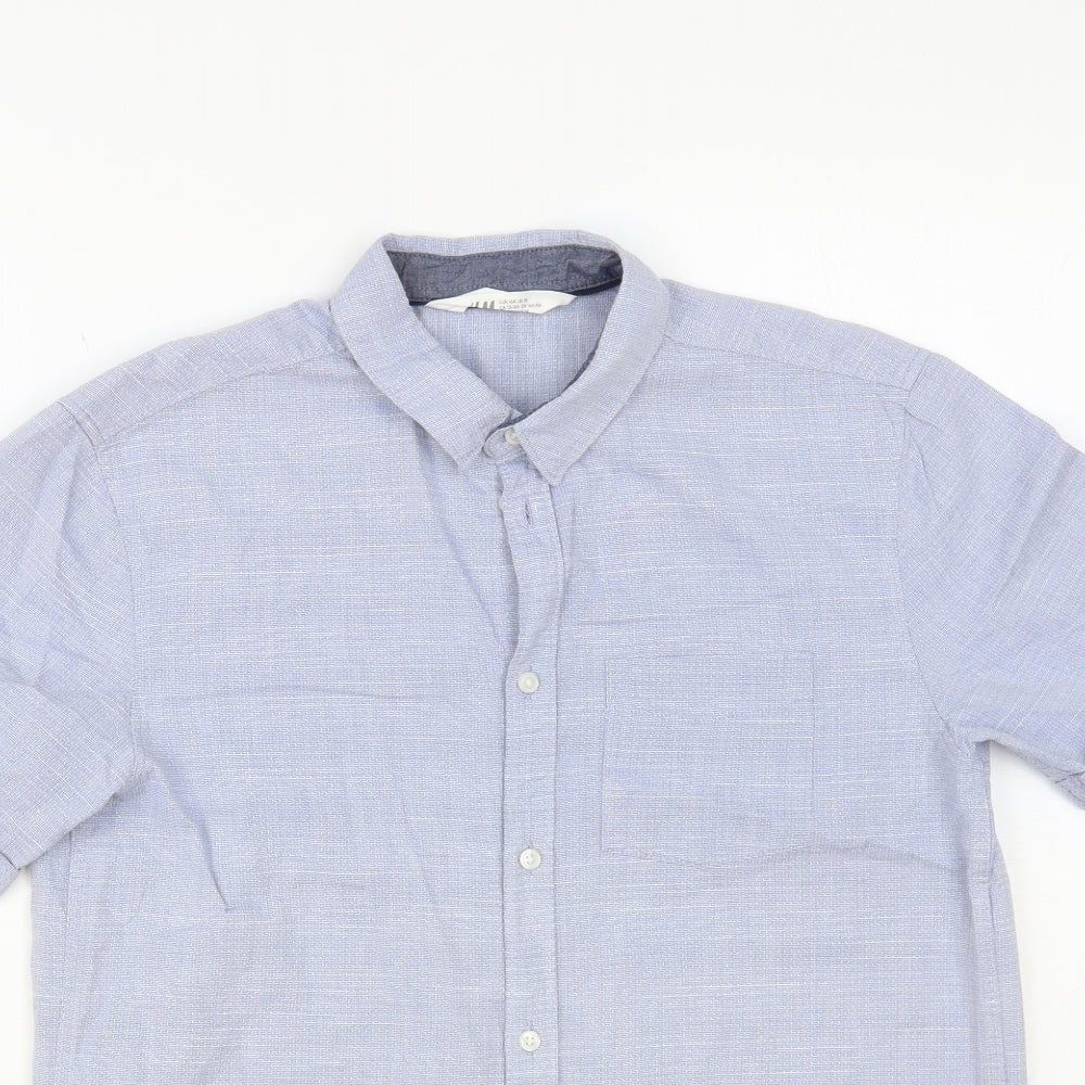 H&M Boys Blue Cotton Basic Button-Up Size 13-14 Years Collared Button
