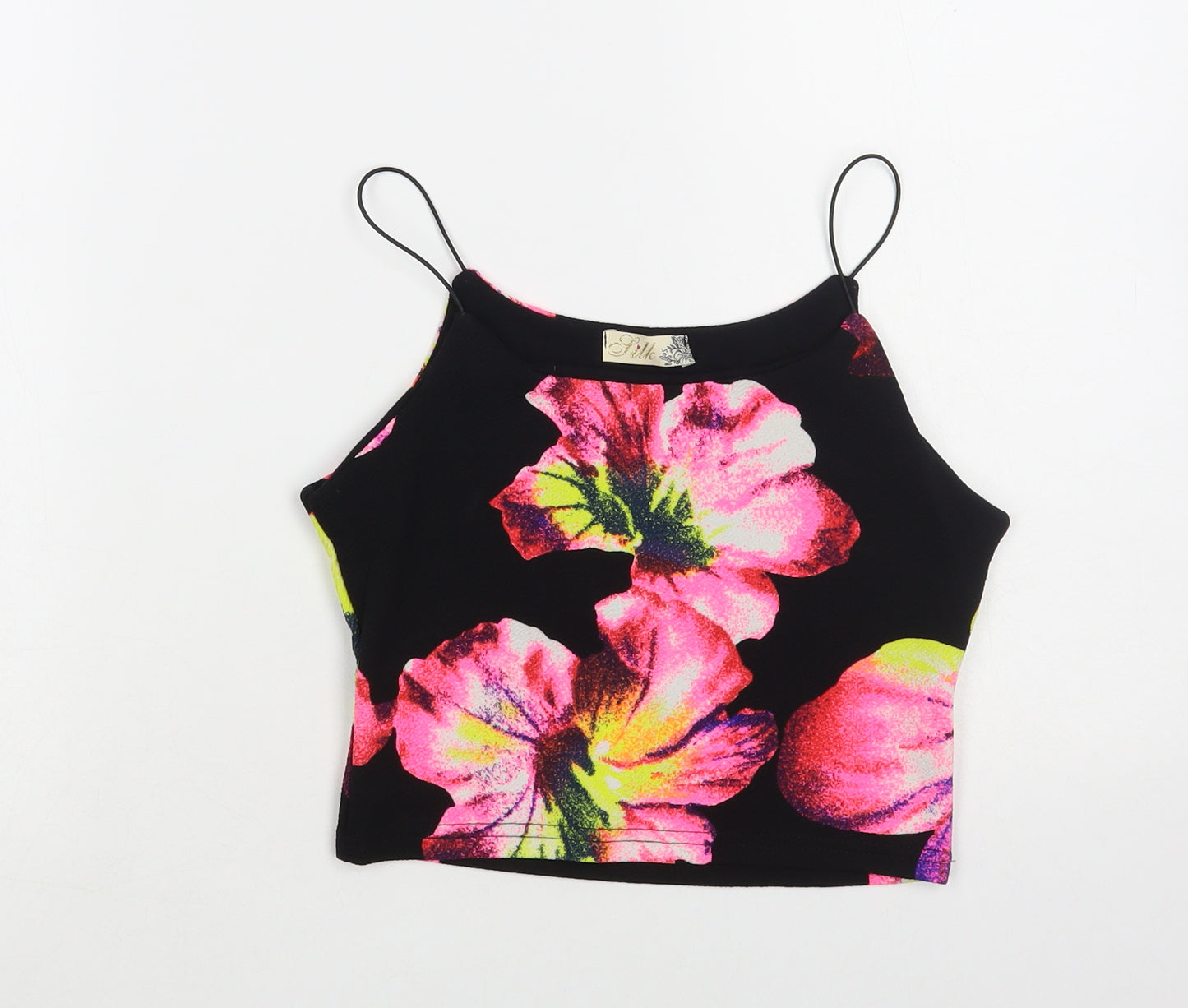 Silk Womens Black Floral Polyester Cropped Tank Size S Round Neck
