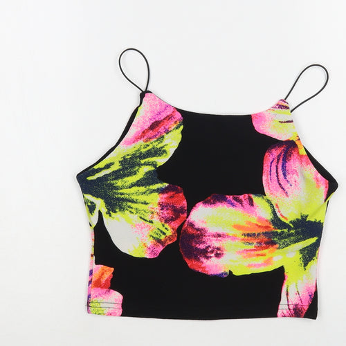 Silk Womens Black Floral Polyester Cropped Tank Size S Round Neck