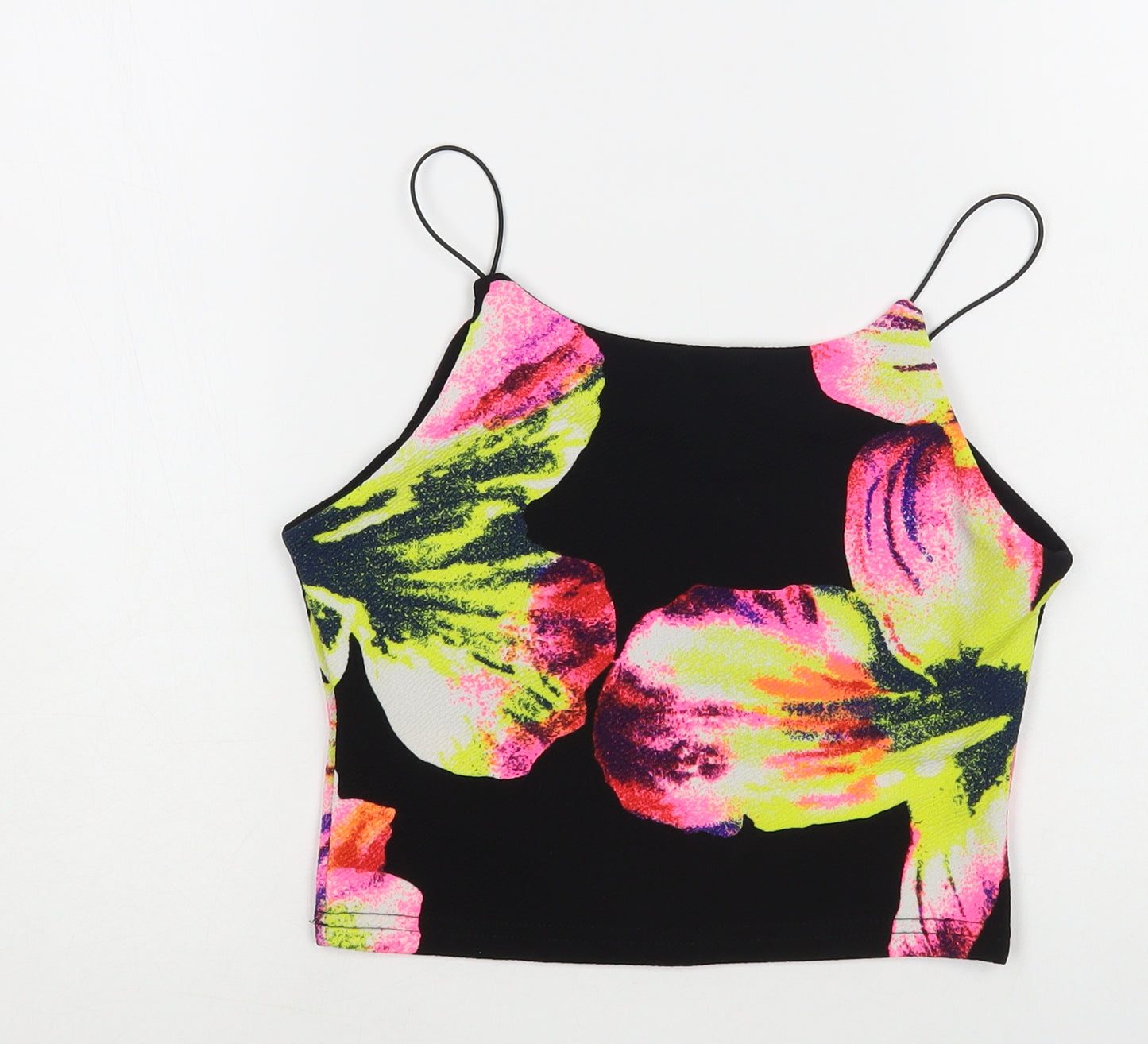 Silk Womens Black Floral Polyester Cropped Tank Size S Round Neck