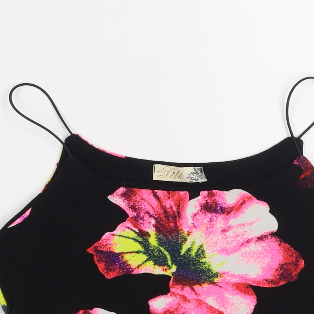 Silk Womens Black Floral Polyester Cropped Tank Size S Round Neck