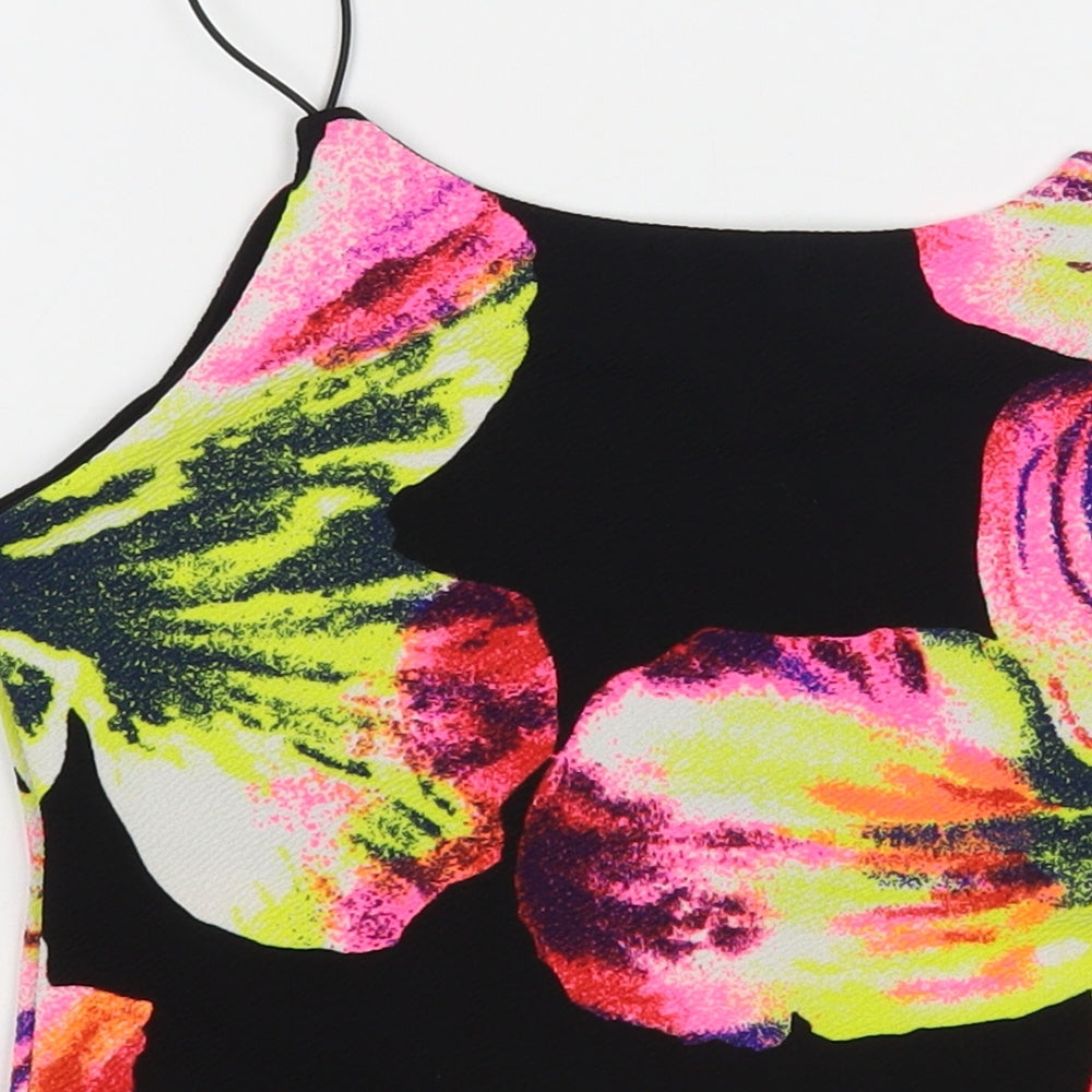 Silk Womens Black Floral Polyester Cropped Tank Size S Round Neck