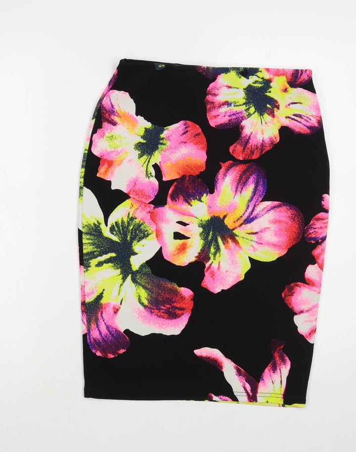 Silk Womens Black Floral Polyester Straight & Pencil Skirt Size M