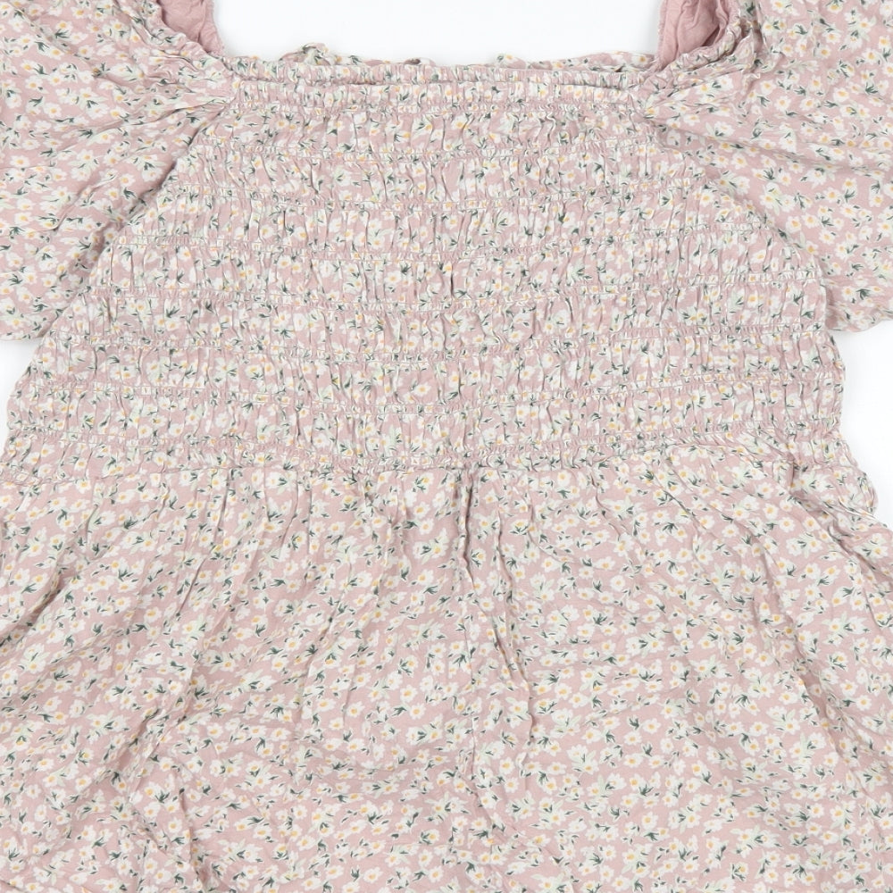 New Look Womens Pink Floral 100% Cotton Basic Blouse Size 20 Square Neck