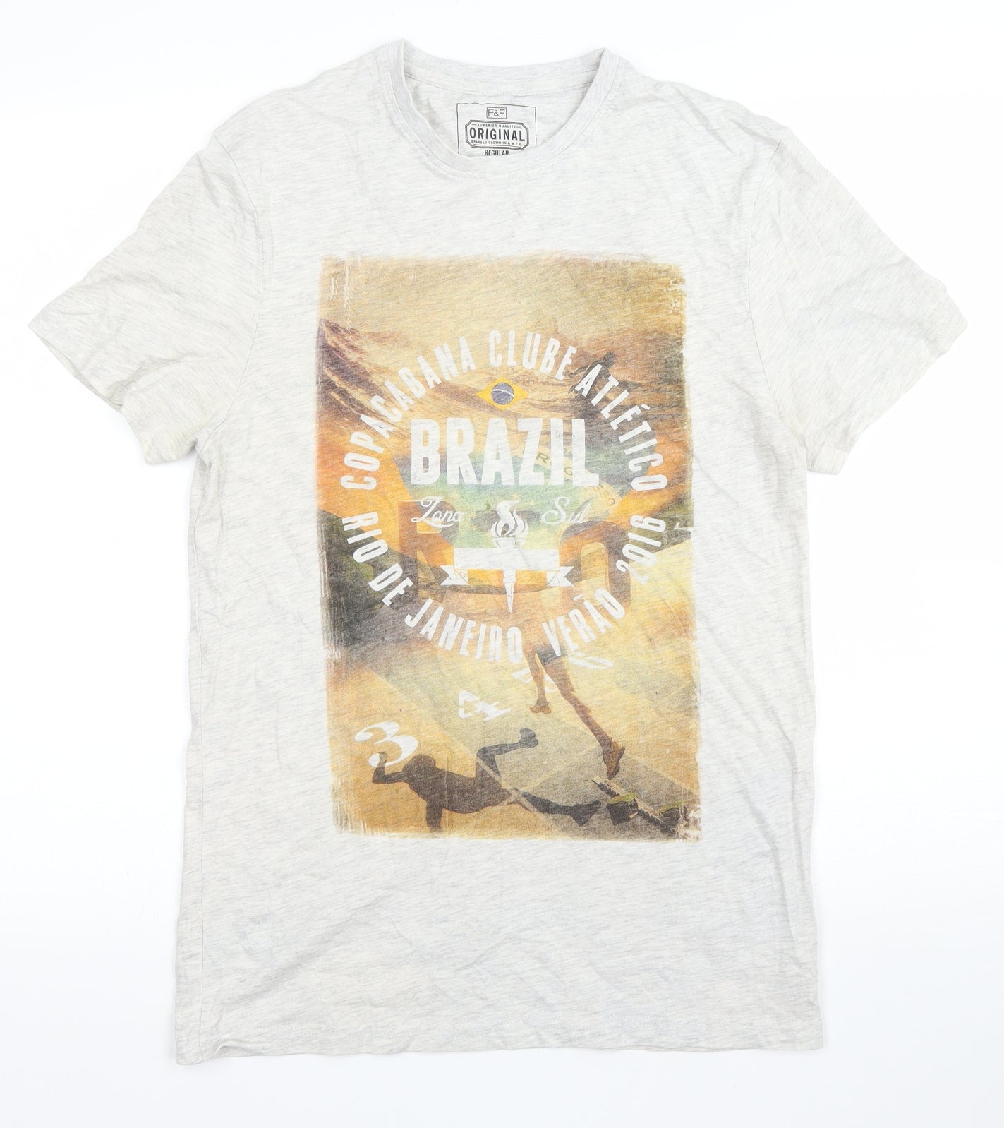 F&F Mens Grey Cotton T-Shirt Size S Round Neck - Brazil