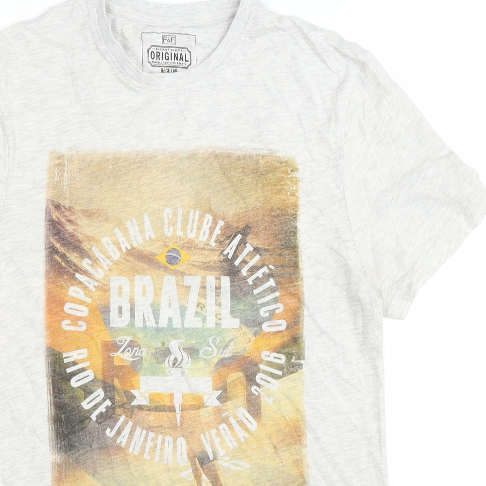 F&F Mens Grey Cotton T-Shirt Size S Round Neck - Brazil