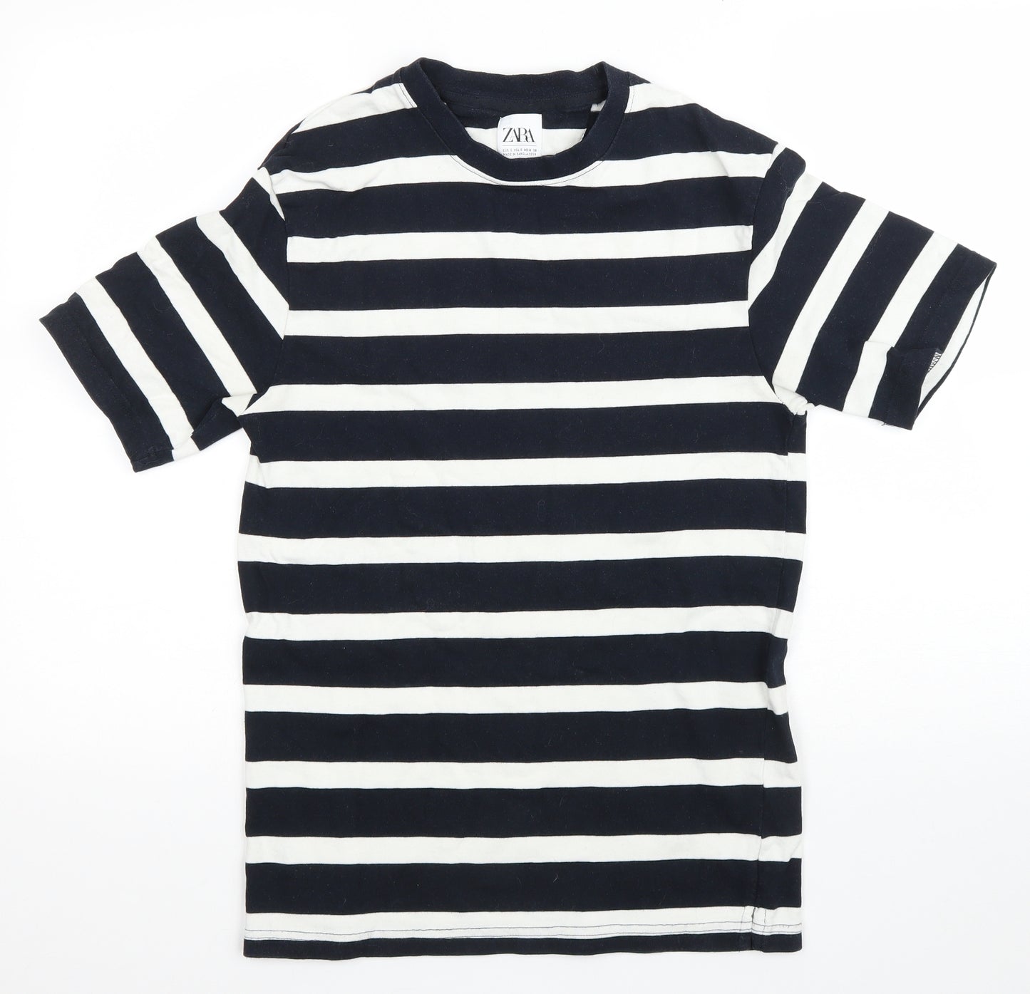 Zara Mens Blue Striped Cotton T-Shirt Size S Round Neck