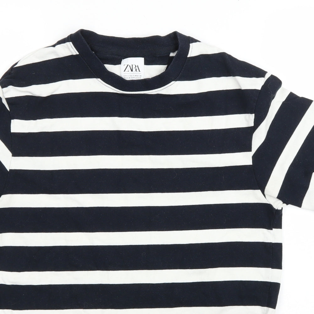 Zara Mens Blue Striped Cotton T-Shirt Size S Round Neck