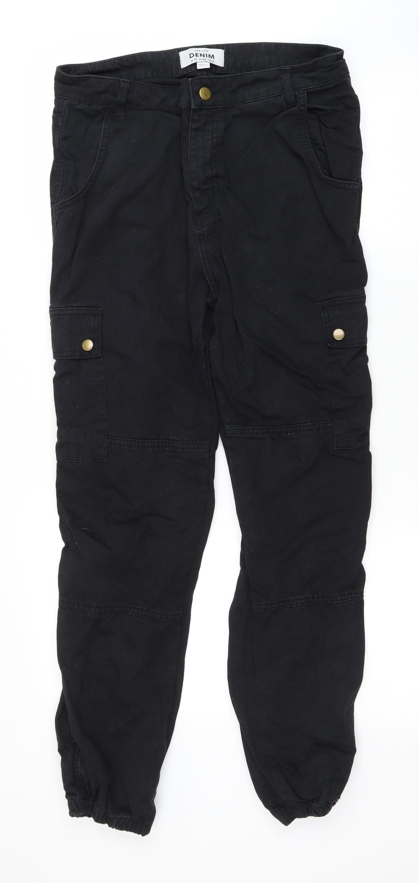 New Look Womens Black Cotton Cargo Trousers Size 12 L26 in Regular Zip