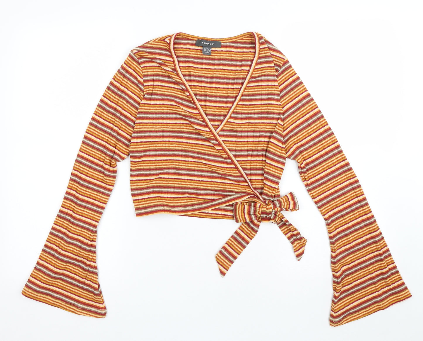 Primark Womens Orange Striped Polyester Wrap Blouse Size L V-Neck - Flared Sleeves