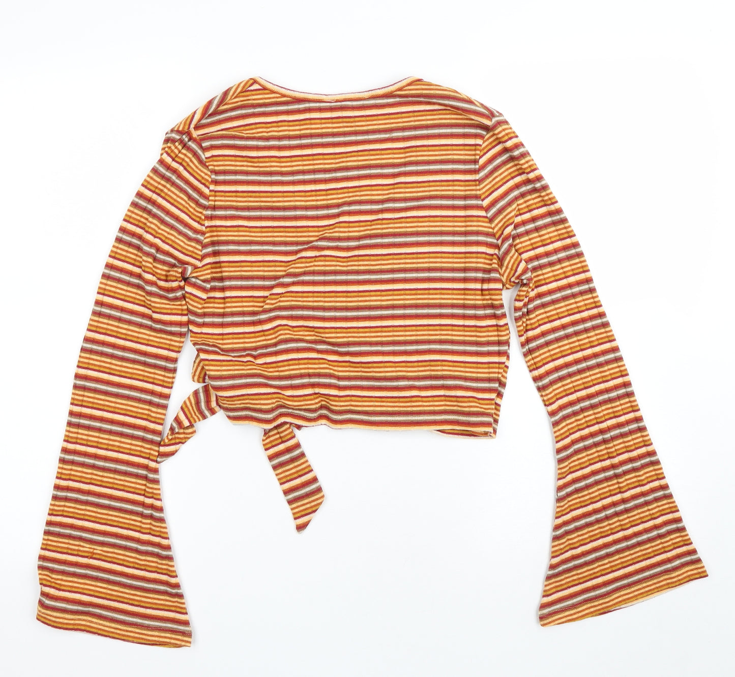 Primark Womens Orange Striped Polyester Wrap Blouse Size L V-Neck - Flared Sleeves