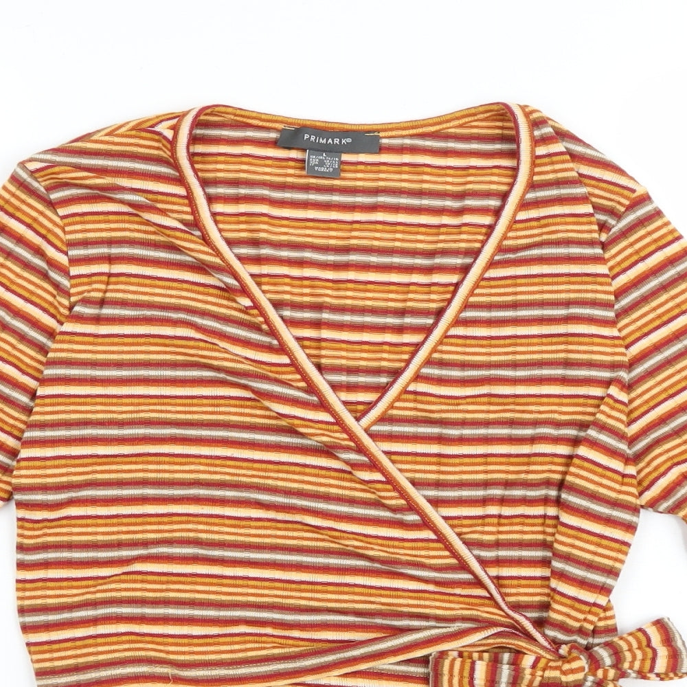 Primark Womens Orange Striped Polyester Wrap Blouse Size L V-Neck - Flared Sleeves