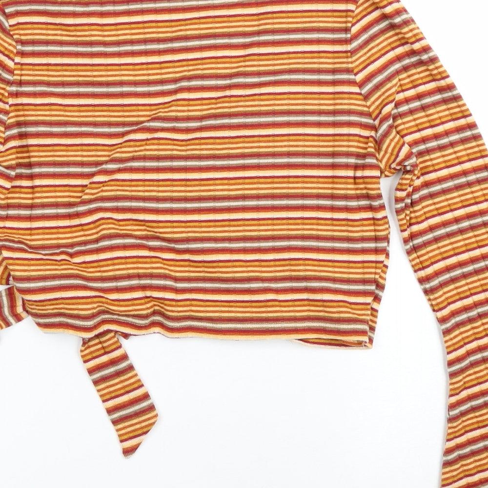Primark Womens Orange Striped Polyester Wrap Blouse Size L V-Neck - Flared Sleeves