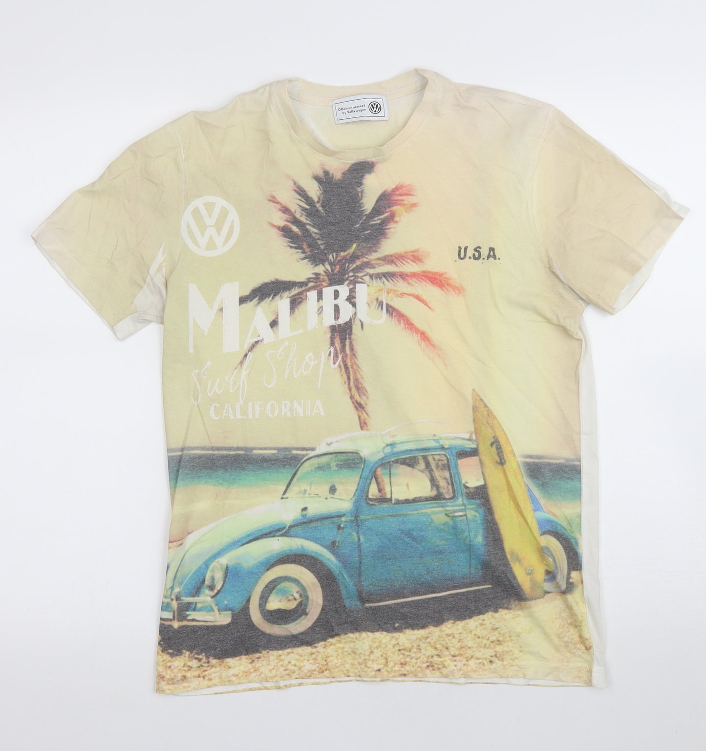 George Mens Yellow Cotton T-Shirt Size S Round Neck - Malibu. Volkswagen
