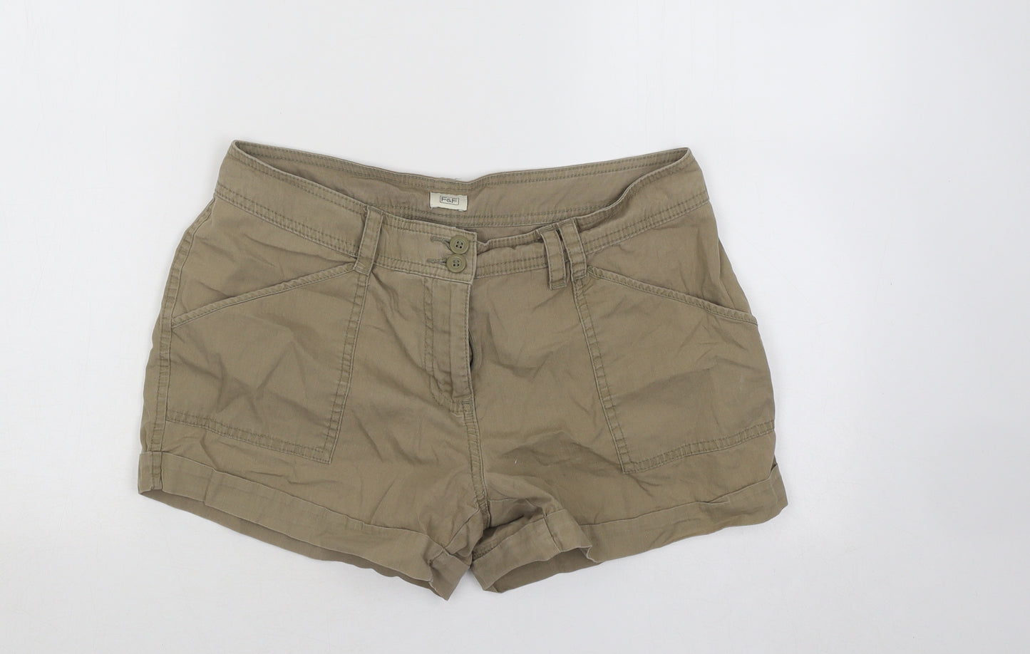 F&F Womens Brown Cotton Hot Pants Shorts Size 10 Regular Button