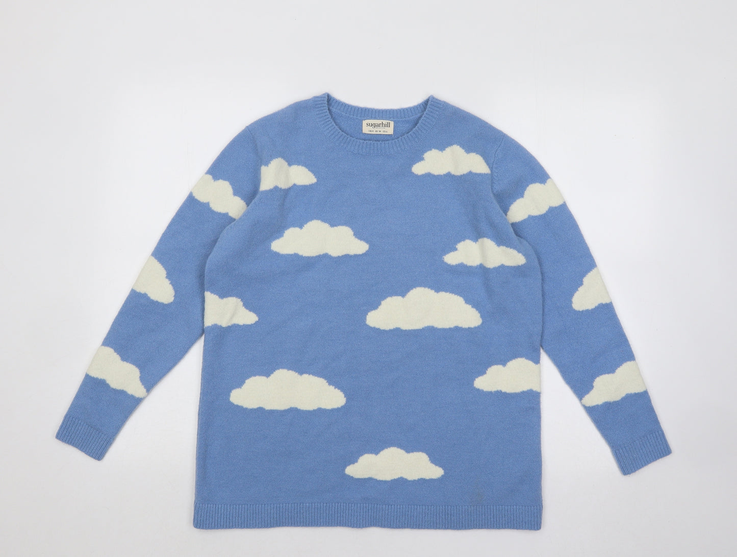 Sugarhill Womens Blue Round Neck Geometric Acrylic Pullover Jumper Size 8 - Clouds