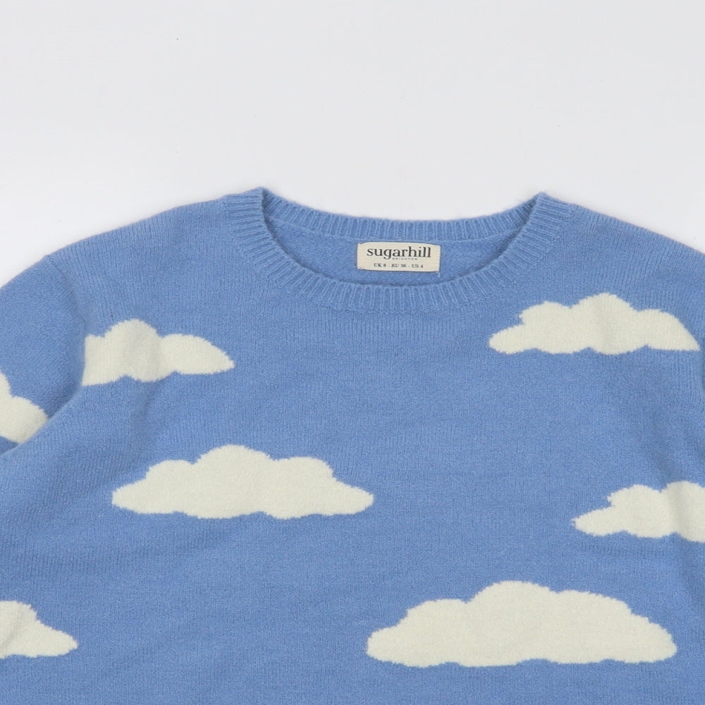 Sugarhill Womens Blue Round Neck Geometric Acrylic Pullover Jumper Size 8 - Clouds
