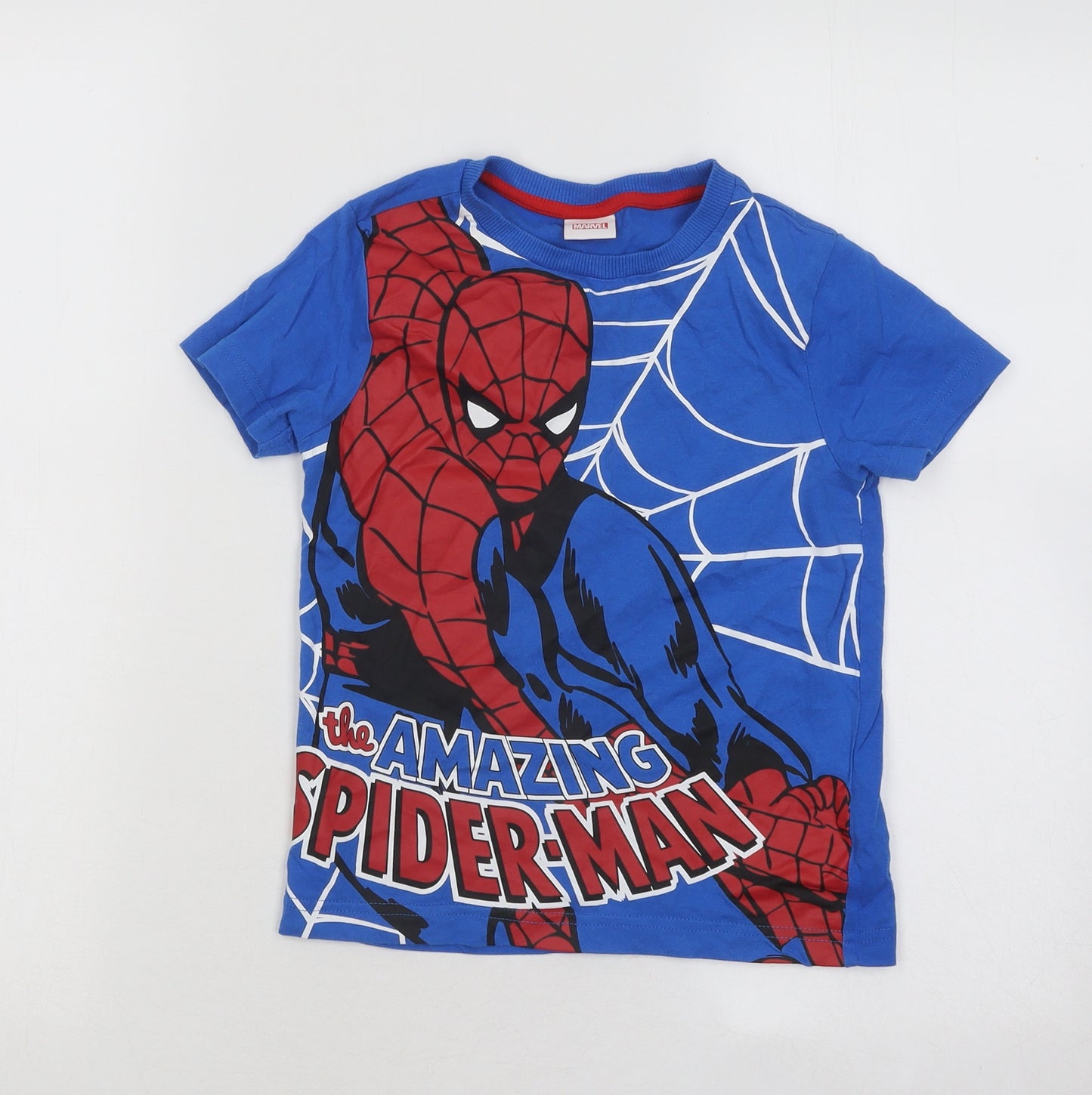 F&F Boys Blue Cotton Basic T-Shirt Size 5-6 Years Round Neck Pullover - Spiderman