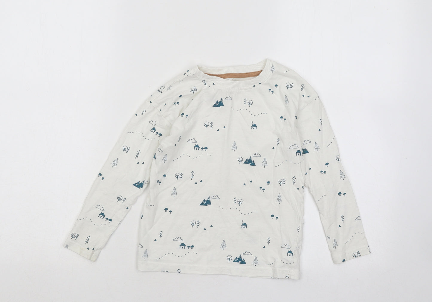 George Boys White Geometric Cotton Basic T-Shirt Size 4-5 Years Round Neck Pullover - Trees