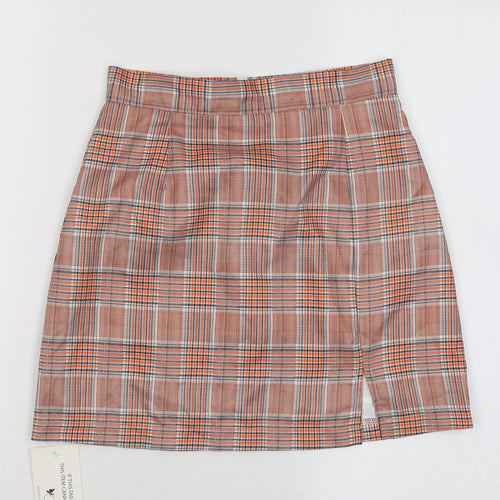 Cutie Womens Orange Plaid Polyester A-Line Skirt Size 8 Zip