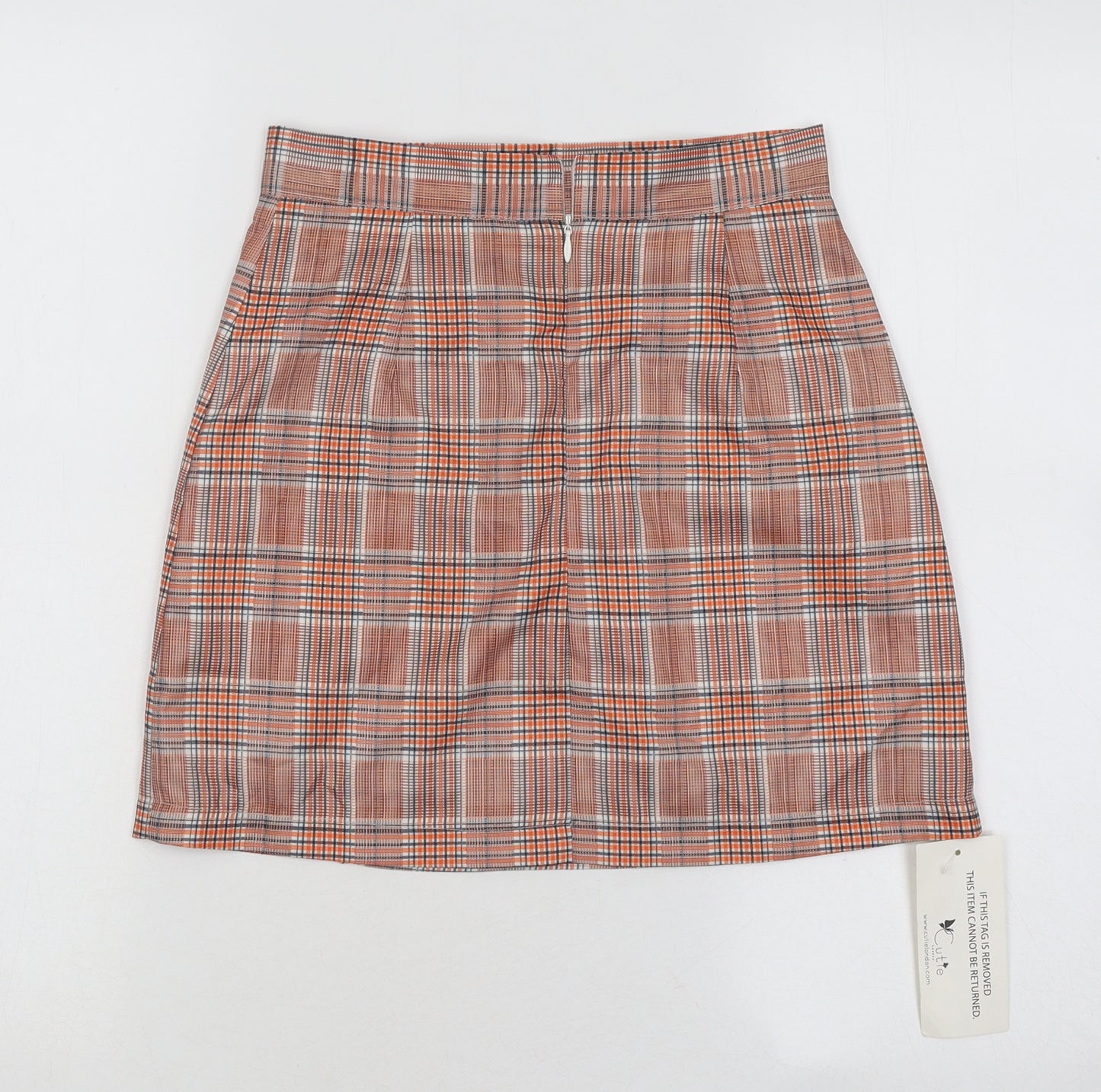 Cutie Womens Orange Plaid Polyester A-Line Skirt Size 8 Zip