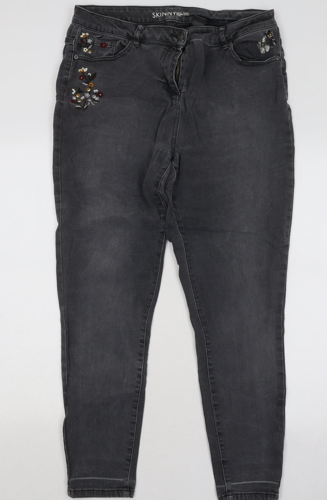 NEXT Womens Grey Floral Cotton Skinny Jeans Size 16 L26 in Regular Button