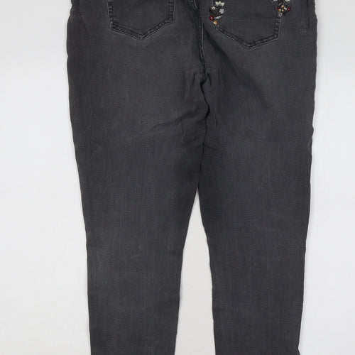 NEXT Womens Grey Floral Cotton Skinny Jeans Size 16 L26 in Regular Button