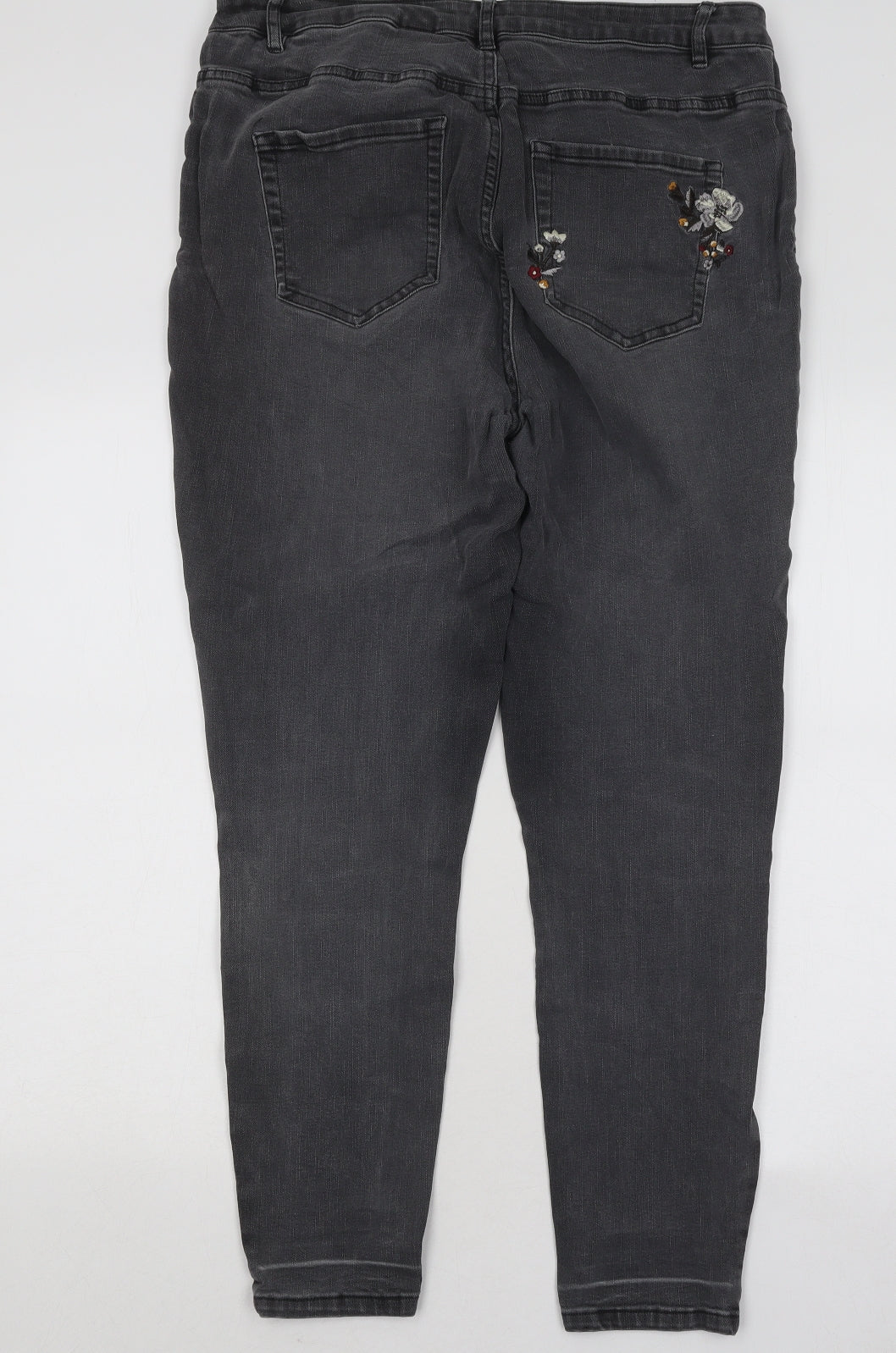 NEXT Womens Grey Floral Cotton Skinny Jeans Size 16 L26 in Regular Button