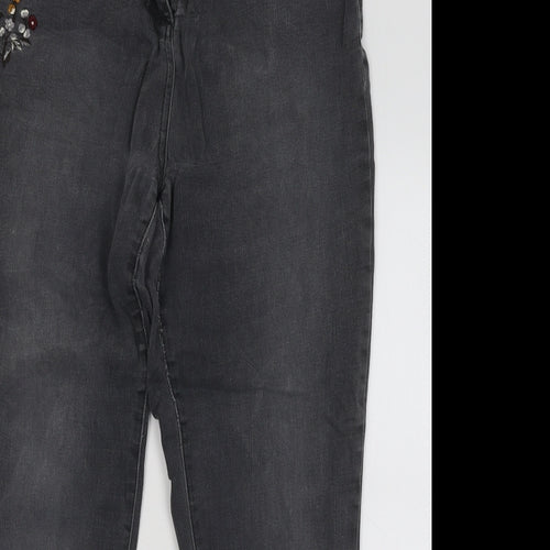 NEXT Womens Grey Floral Cotton Skinny Jeans Size 16 L26 in Regular Button