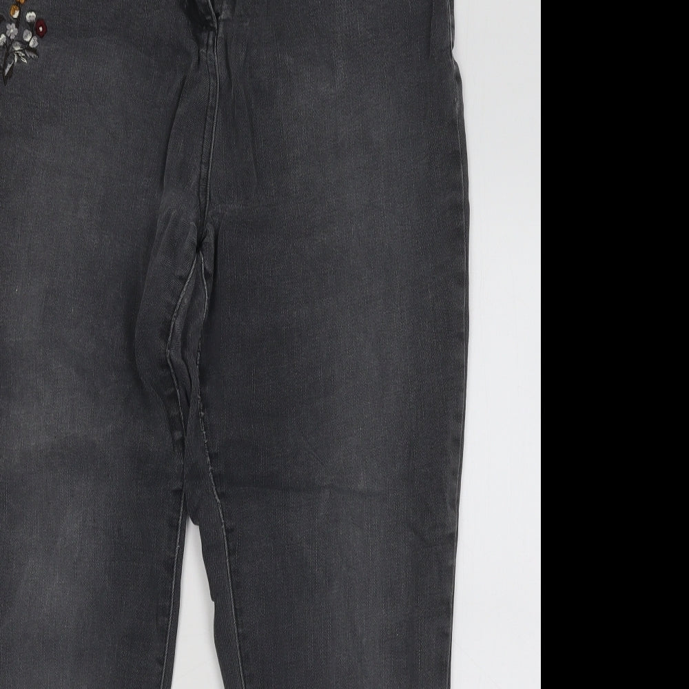 NEXT Womens Grey Floral Cotton Skinny Jeans Size 16 L26 in Regular Button