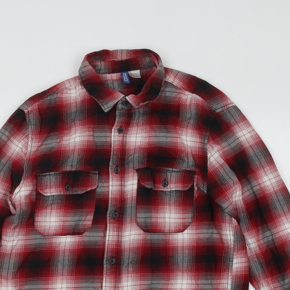 Divided by H&M Womens Red Plaid Cotton Basic Button-Up Size S Collared