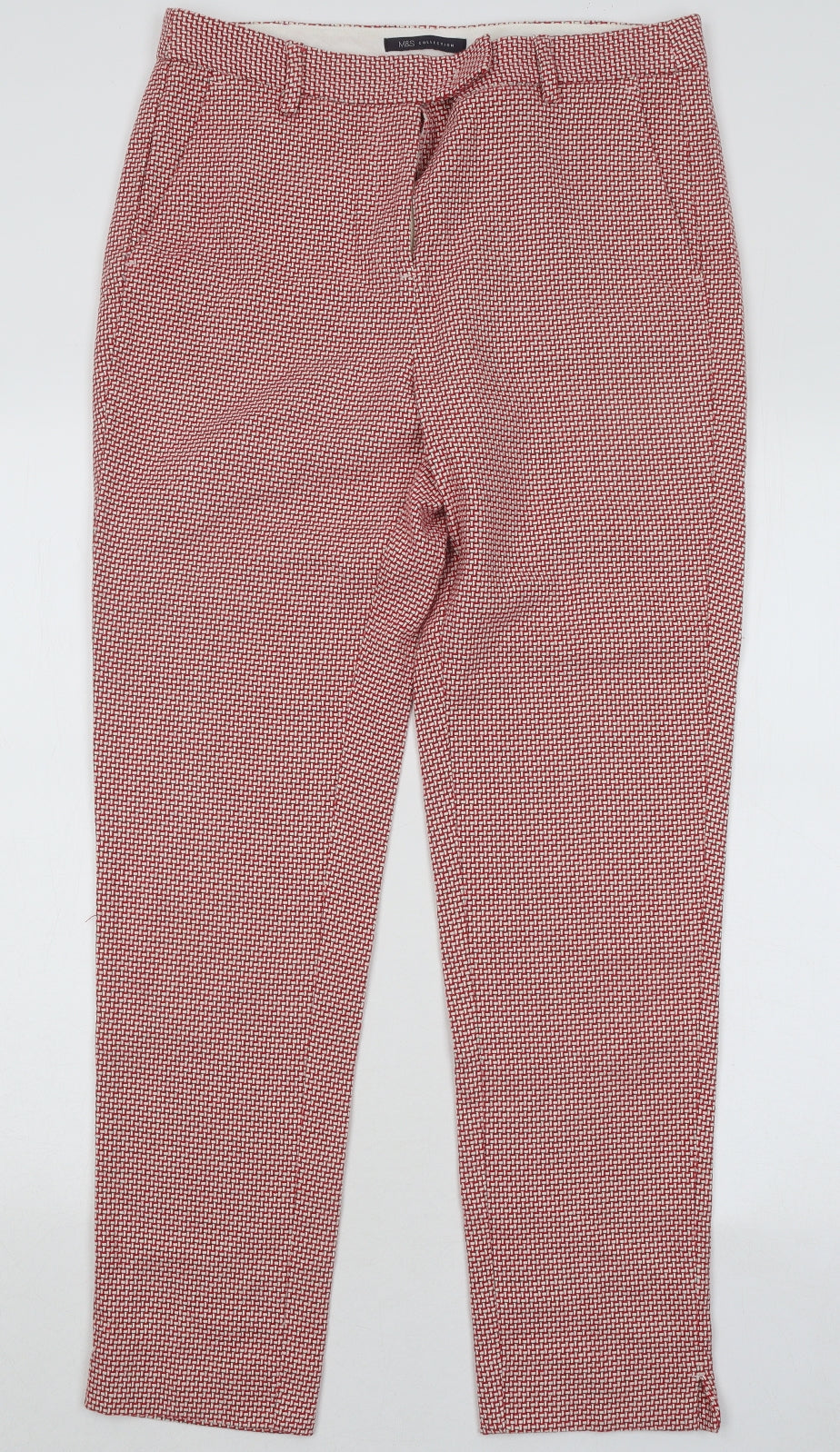 Marks and Spencer Womens Red Geometric Cotton Trousers Size 12 L28 in Regular Zip