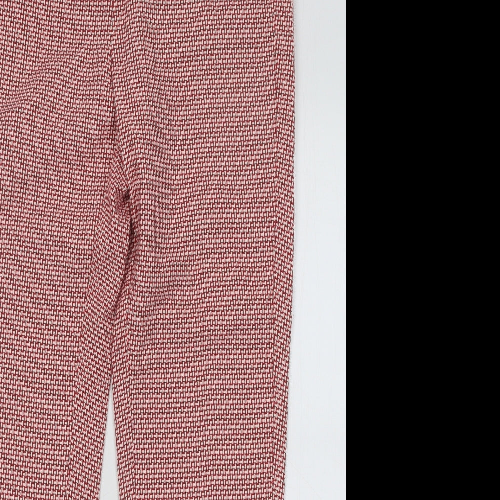 Marks and Spencer Womens Red Geometric Cotton Trousers Size 12 L28 in Regular Zip