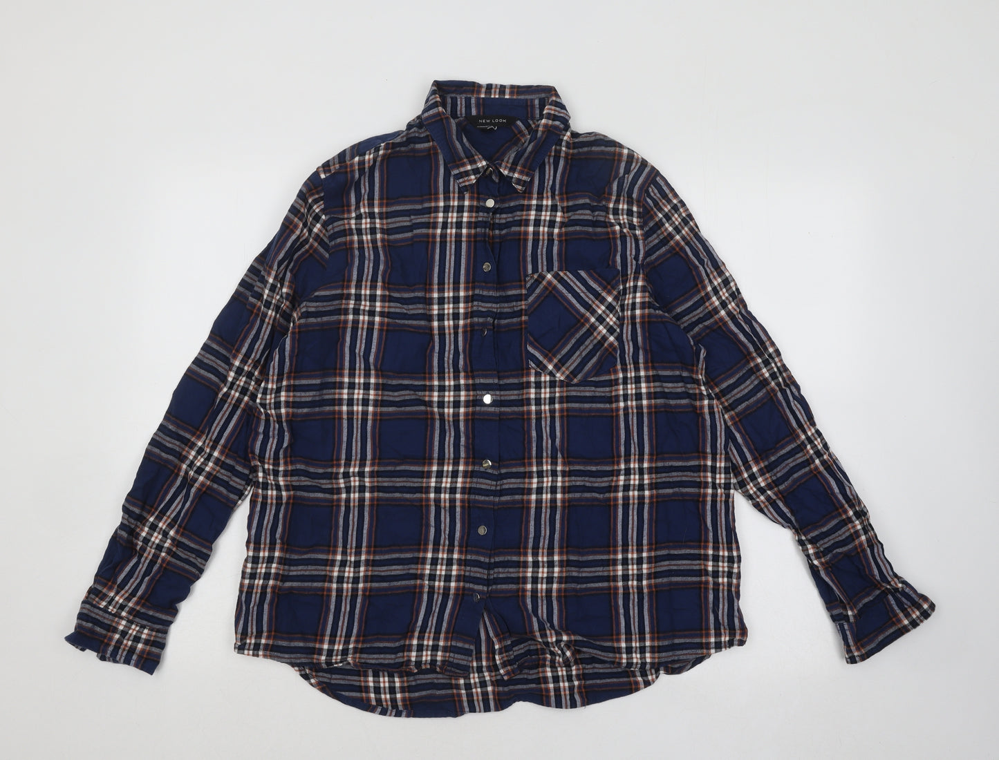 New Look Womens Blue Plaid Cotton Basic Button-Up Size 12 Collared