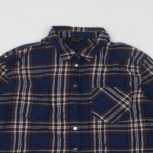 New Look Womens Blue Plaid Cotton Basic Button-Up Size 12 Collared