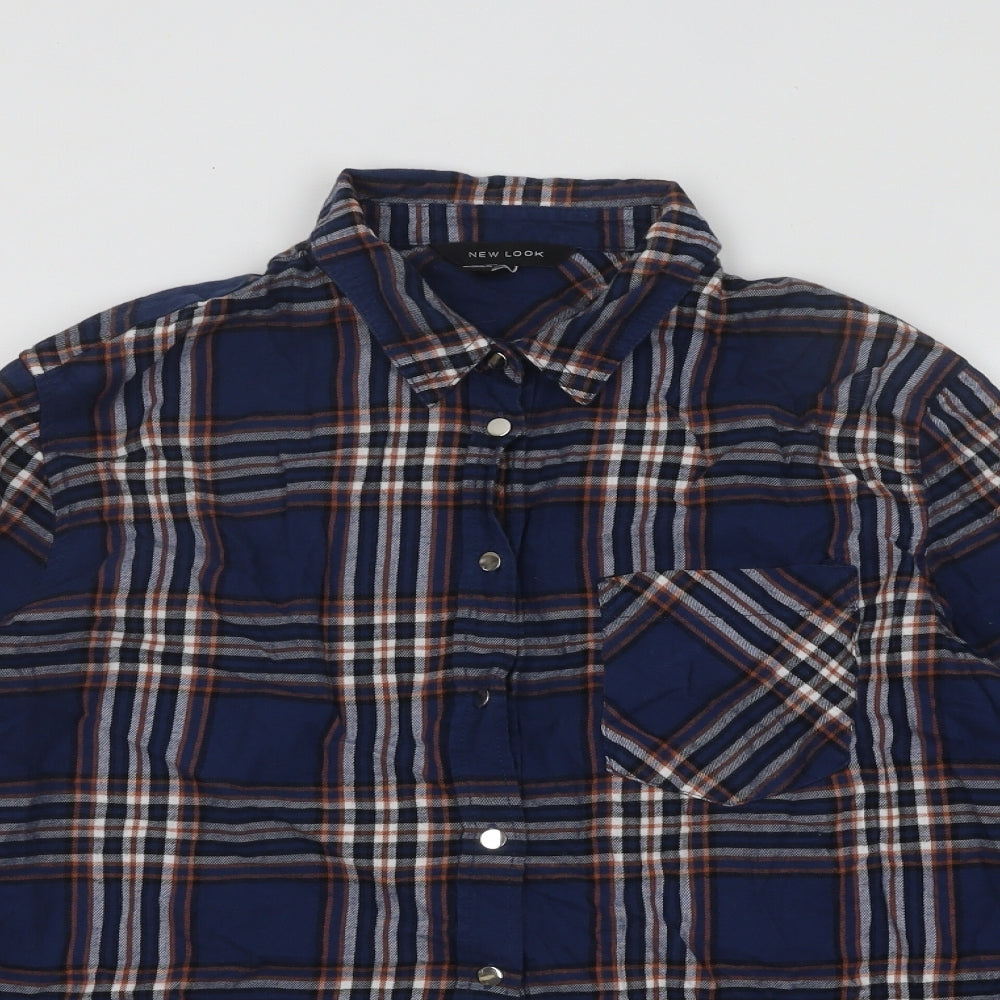 New Look Womens Blue Plaid Cotton Basic Button-Up Size 12 Collared