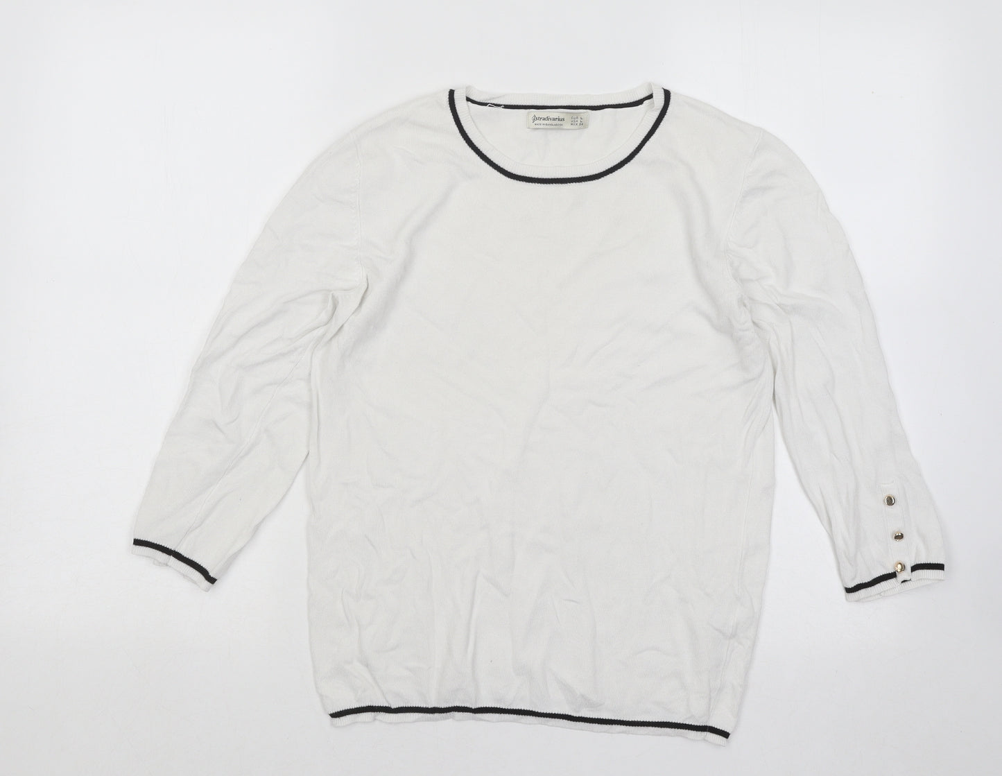 Stradivarius Womens White Round Neck Viscose Pullover Jumper Size L
