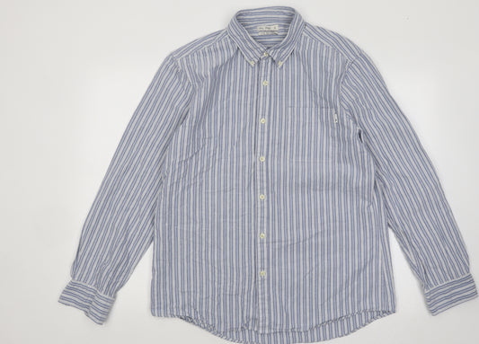 F&F Mens Blue Striped Cotton Button-Up Size L Collared Button