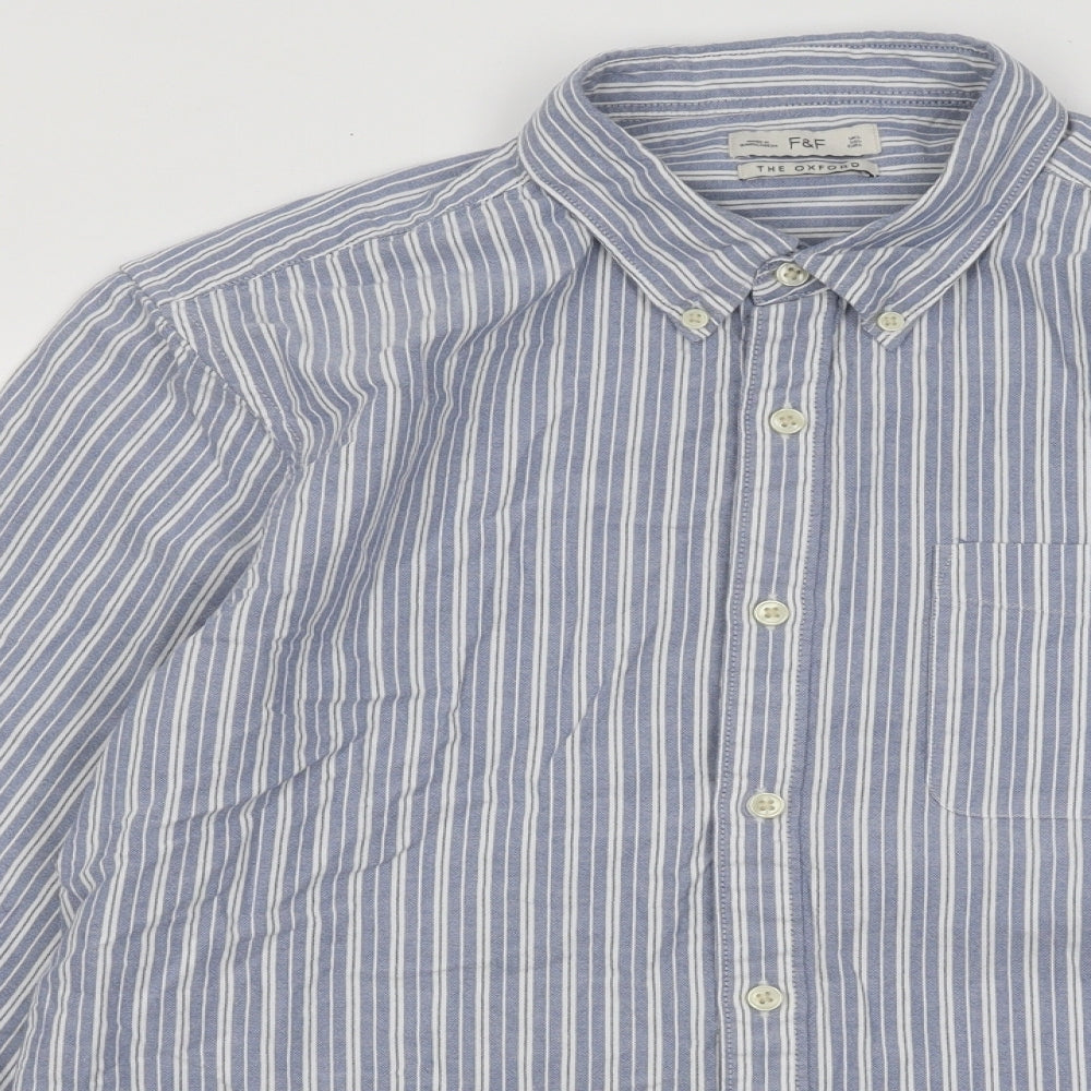 F&F Mens Blue Striped Cotton Button-Up Size L Collared Button