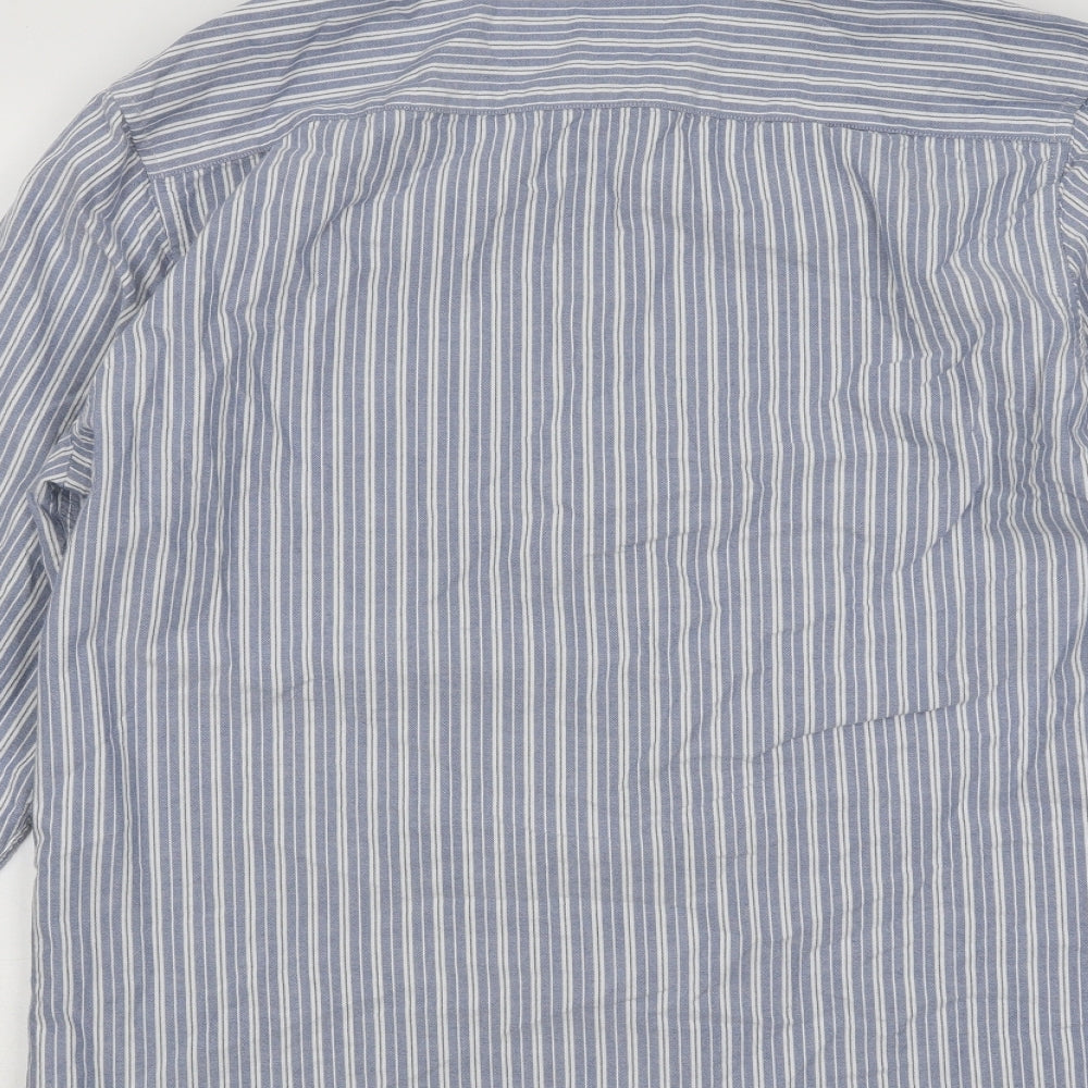 F&F Mens Blue Striped Cotton Button-Up Size L Collared Button