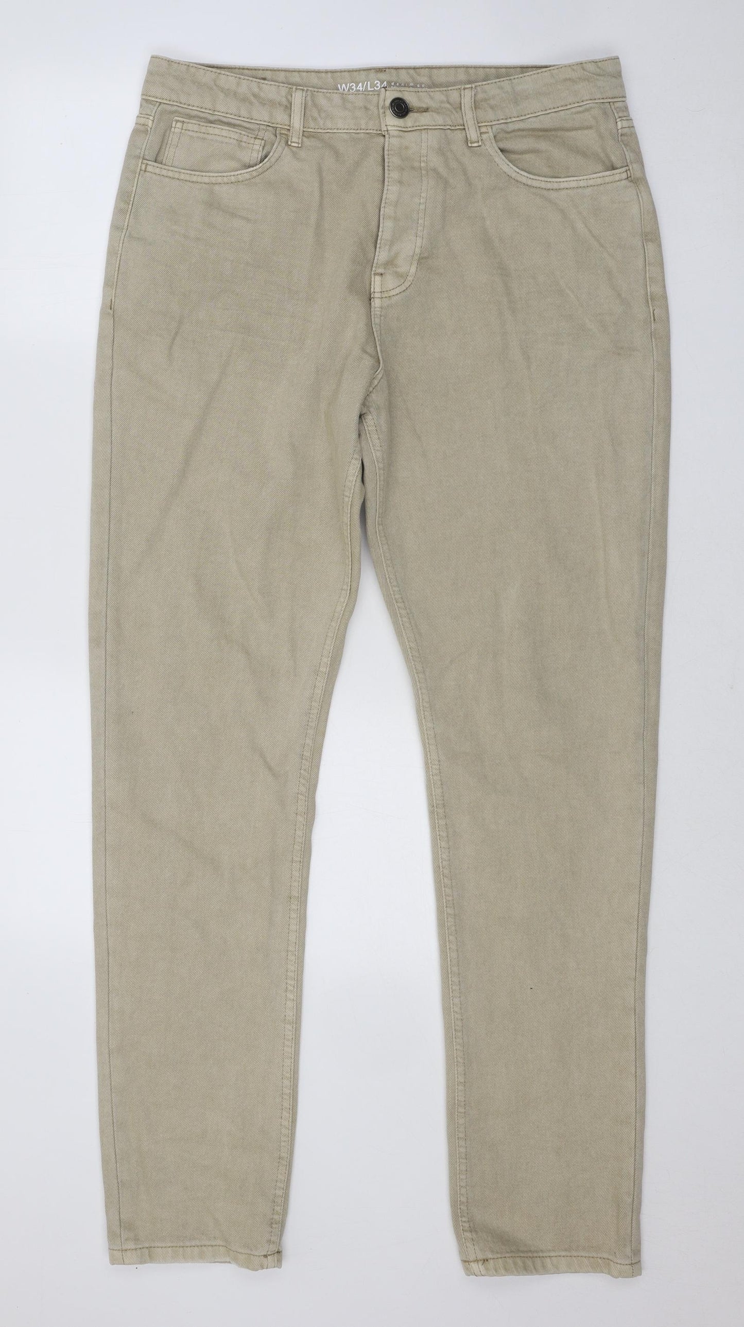 Denim & Co. Mens Beige Cotton Straight Jeans Size 34 in L34 in Regular Button