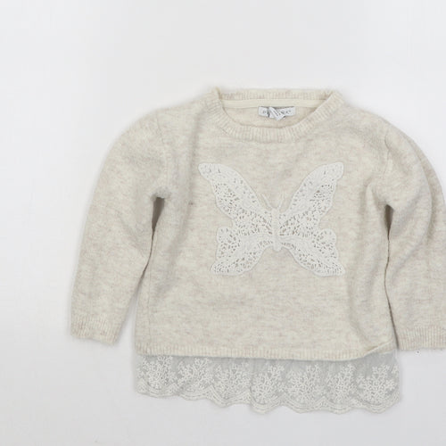 Primark Girls Beige Round Neck Acrylic Pullover Jumper Size 3-4 Years Pullover - Butterfly