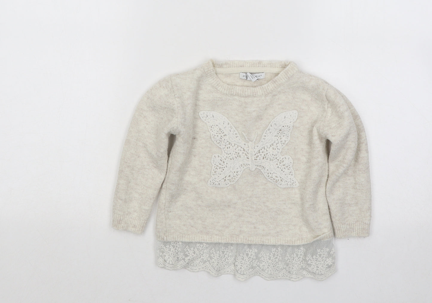 Primark Girls Beige Round Neck Acrylic Pullover Jumper Size 3-4 Years Pullover - Butterfly