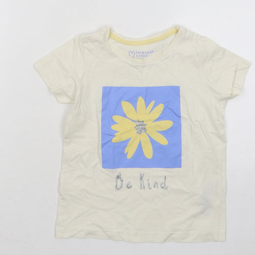 Primark Girls Beige Cotton Basic T-Shirt Size 3-4 Years Round Neck Pullover - Be Kind Flower