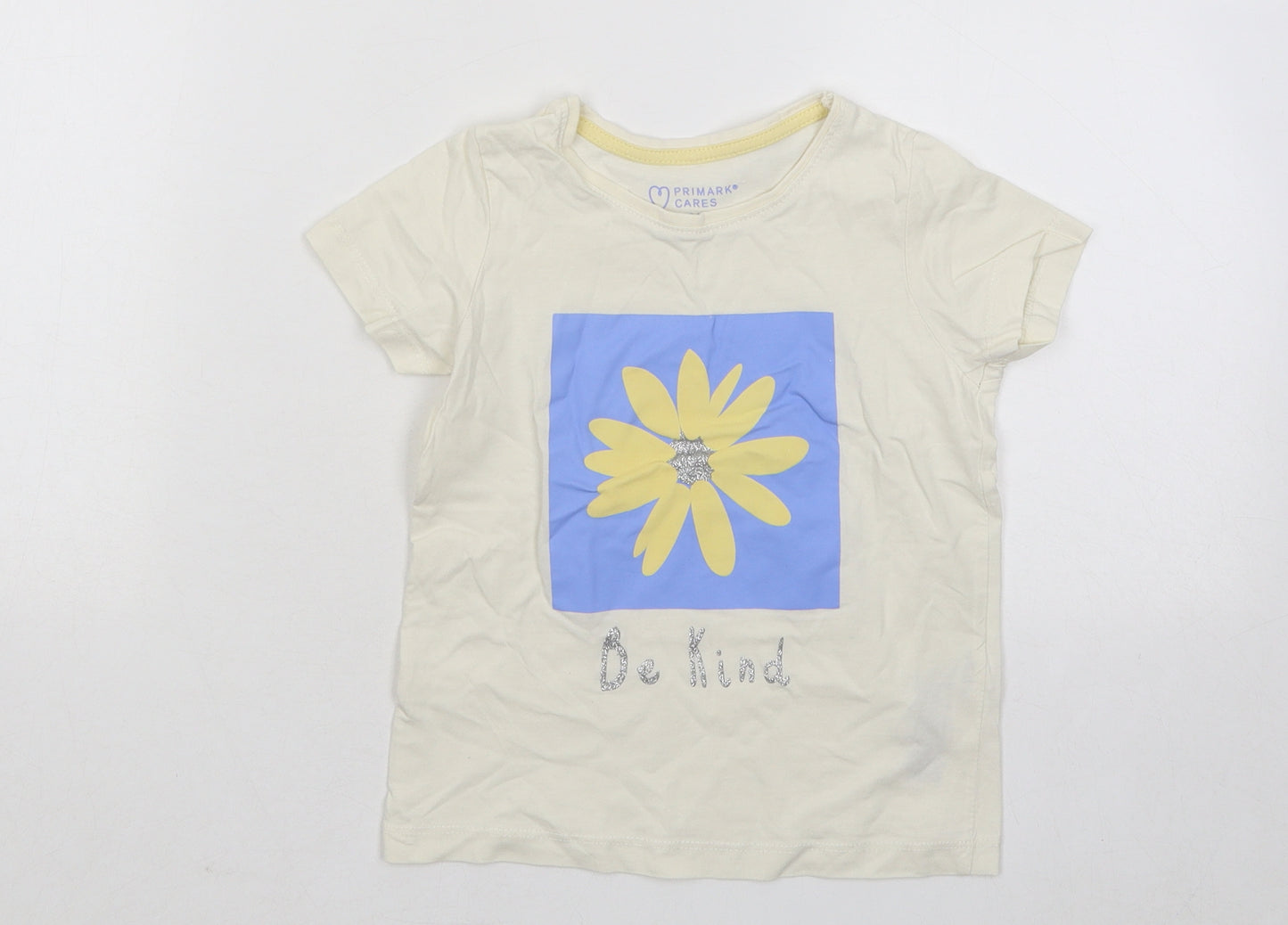 Primark Girls Beige Cotton Basic T-Shirt Size 3-4 Years Round Neck Pullover - Be Kind Flower