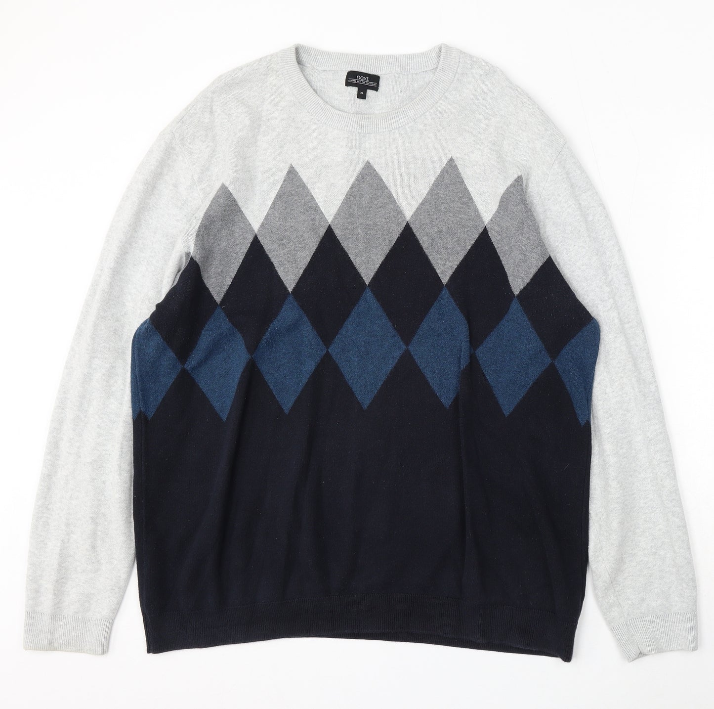 NEXT Mens Grey Round Neck Argyle/Diamond Cotton Pullover Jumper Size XL