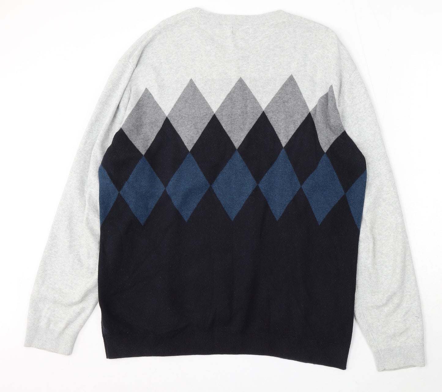 NEXT Mens Grey Round Neck Argyle/Diamond Cotton Pullover Jumper Size XL